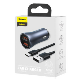 
Greitas automobilinis įkroviklis 2x USB 40W QC SCP FCP AFC + USB-C laidas pilkas
