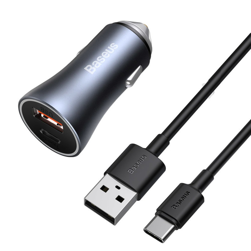 
Greitas automobilinis įkroviklis 40W PD QC USB-C / USB + USB-C laidas pilkas

