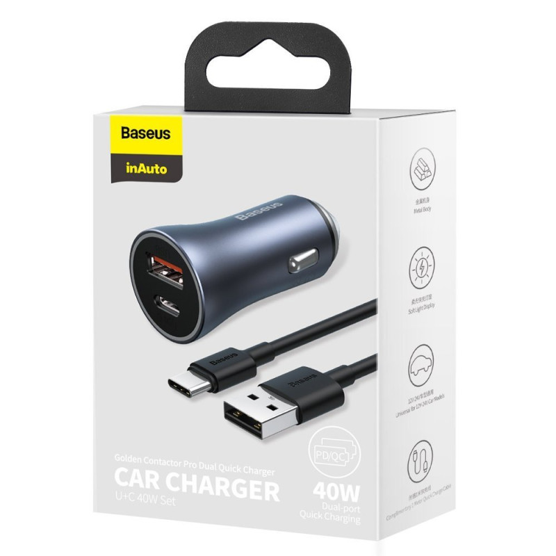 Greitas automobilinis įkroviklis 40W PD QC USB-C / USB + USB-C laidas pilkas
