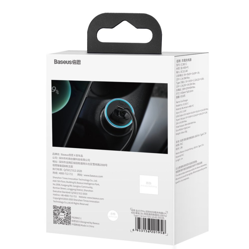 Greitas automobilinis įkroviklis 40W PD QC USB-C / USB + USB-C laidas pilkas