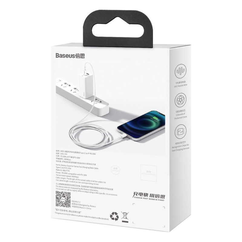 Kabelis iPhone USB Type C - Lightning Power Delivery 20W 1m baltas