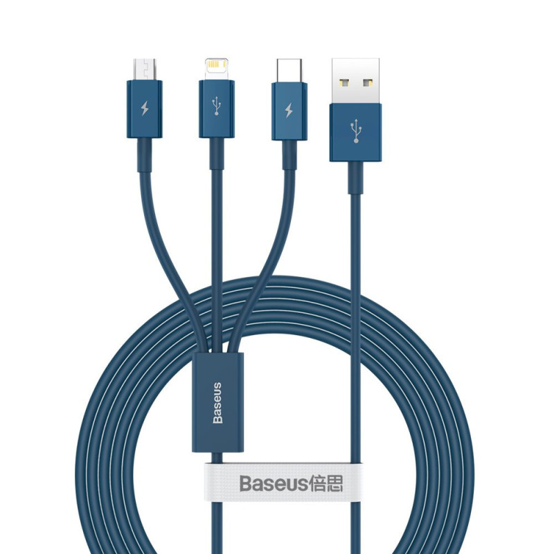 
3 viename laidas universalus USB - Lightning / USB-C / mikro USB 3.5A 1.5m mėlynas
