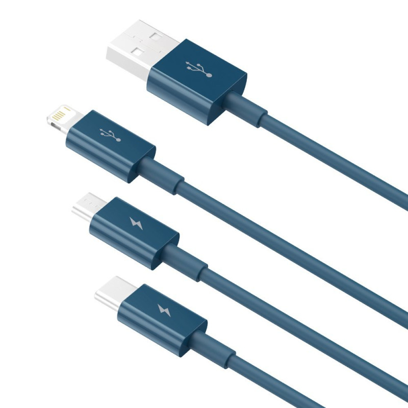 3 viename laidas universalus USB - Lightning / USB-C / mikro USB 3.5A 1.5m mėlynas