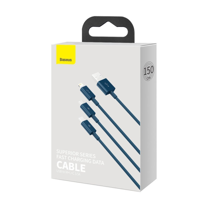 3 viename laidas universalus USB - Lightning / USB-C / mikro USB 3.5A 1.5m mėlynas