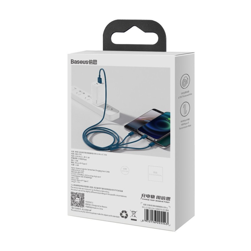 3 viename laidas universalus USB - Lightning / USB-C / mikro USB 3.5A 1.5m mėlynas