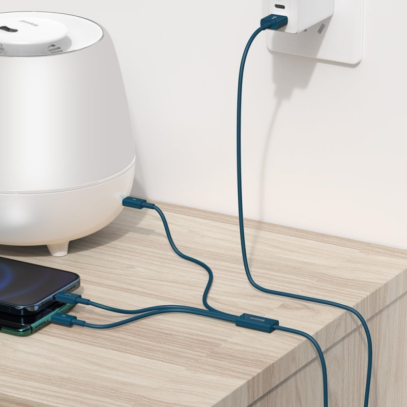 3 viename laidas universalus USB - Lightning / USB-C / mikro USB 3.5A 1.5m mėlynas