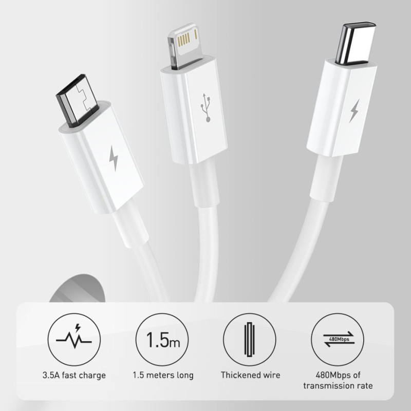 3 viename laidas universalus USB - Lightning / USB-C / mikro USB 3.5A 1.5m mėlynas