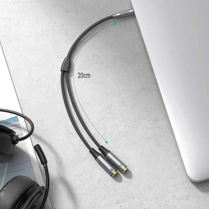 AUX kabelio skirstytuvas 3,5 mm kištukas ausinėms ir mikrofono įdėklas 20 cm juodas