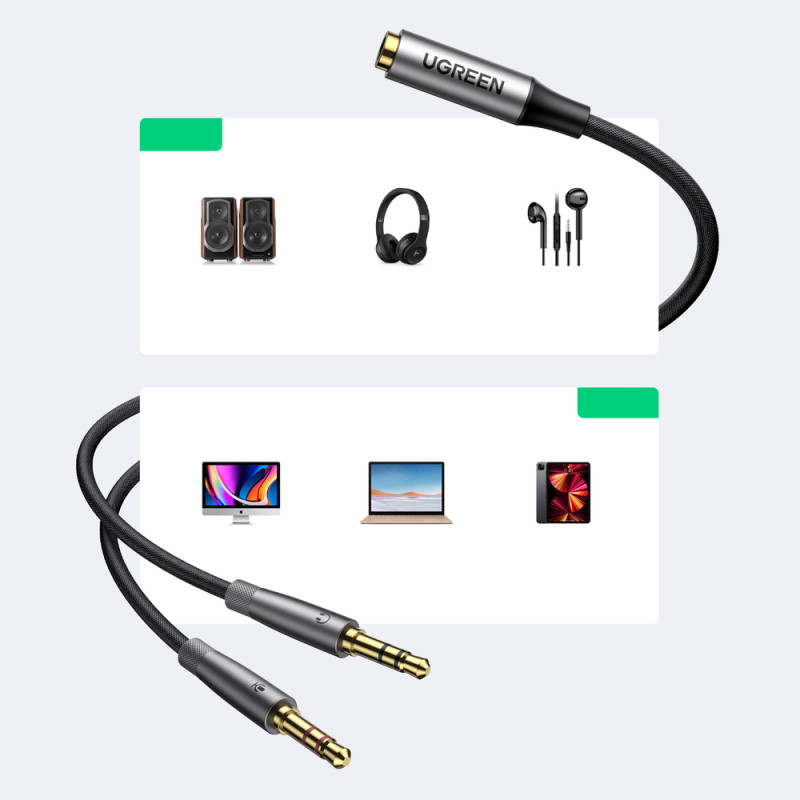AUX kabelio skirstytuvas 3,5 mm lizdas ausinėms ir mikrofono kištukinis 20 cm juodas