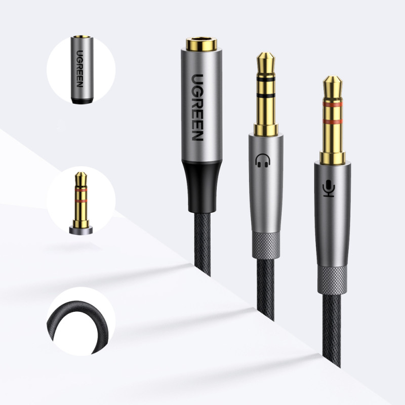 AUX kabelio skirstytuvas 3,5 mm lizdas ausinėms ir mikrofono kištukinis 20 cm juodas