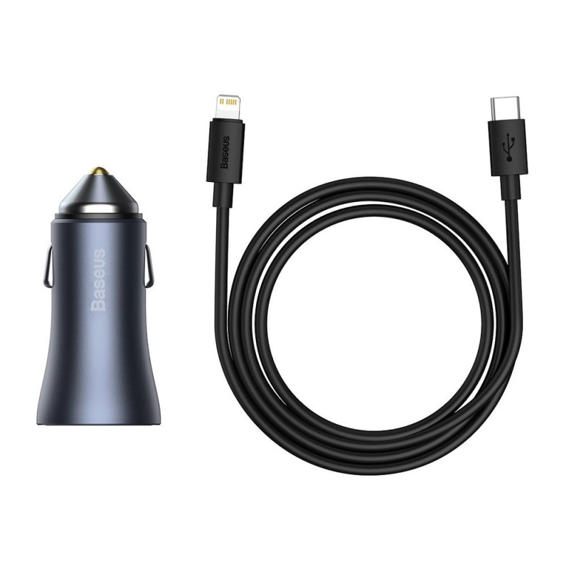 Greitas USB-C automobilinis įkroviklis USB 40W PD QC SCP FCP AFC + USB-C laidas - žaibo pilka