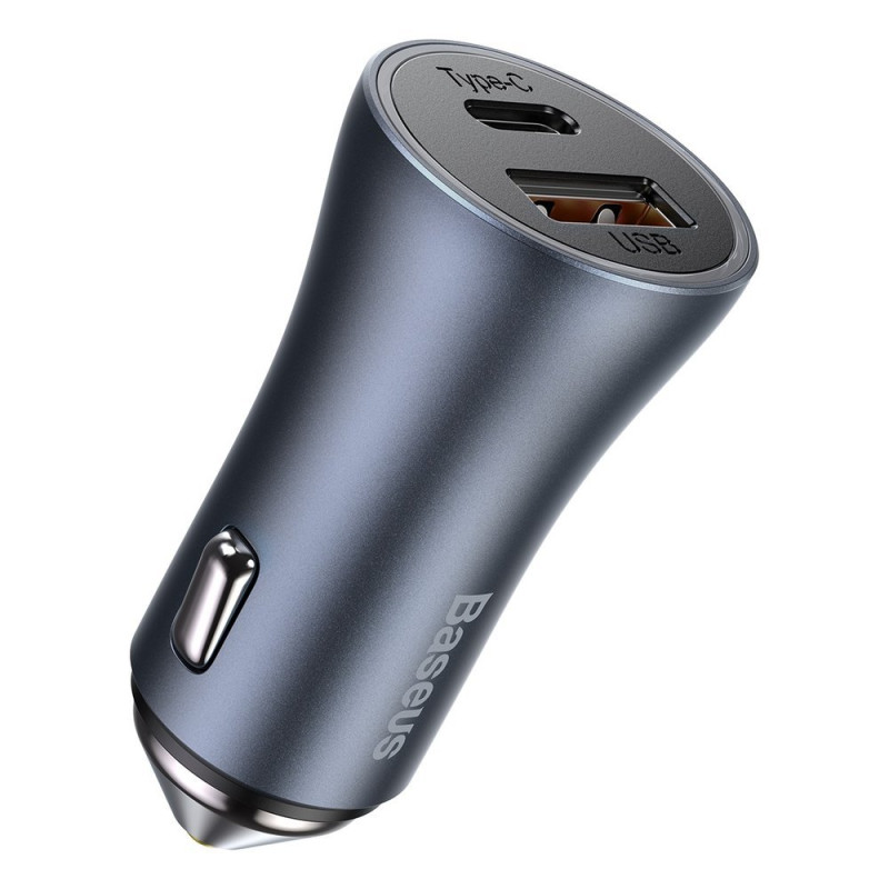 Greitas USB-C automobilinis įkroviklis USB 40W PD QC SCP FCP AFC + USB-C laidas - žaibo pilka