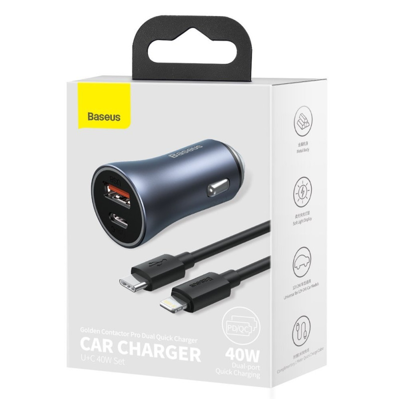 Greitas USB-C automobilinis įkroviklis USB 40W PD QC SCP FCP AFC + USB-C laidas - žaibo pilka