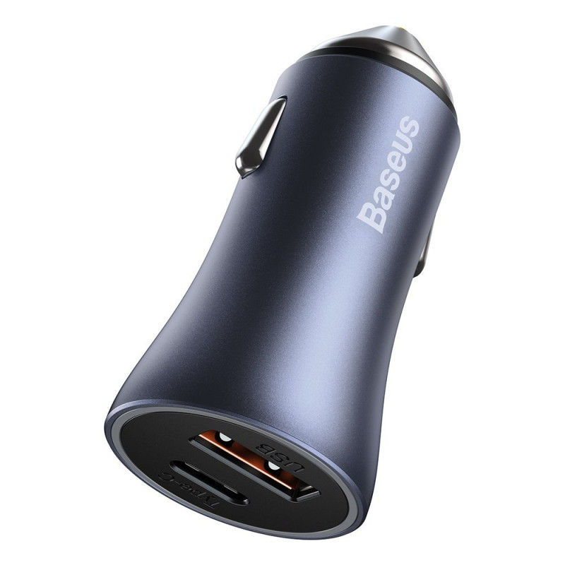 Greitas USB-C automobilinis įkroviklis USB 40W PD QC SCP FCP AFC + USB-C laidas - žaibo pilka