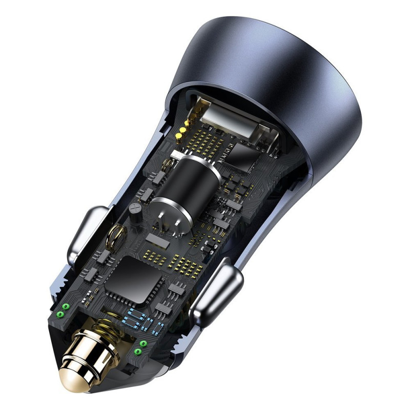 Greitas USB-C automobilinis įkroviklis USB 40W PD QC SCP FCP AFC + USB-C laidas - žaibo pilka
