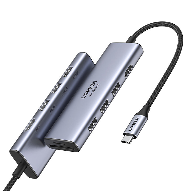 6 viename daugiafunkcis USB-C HUB – 3x USB HDMI 4K SD ir TF kortelių skaitytuvas pilkas