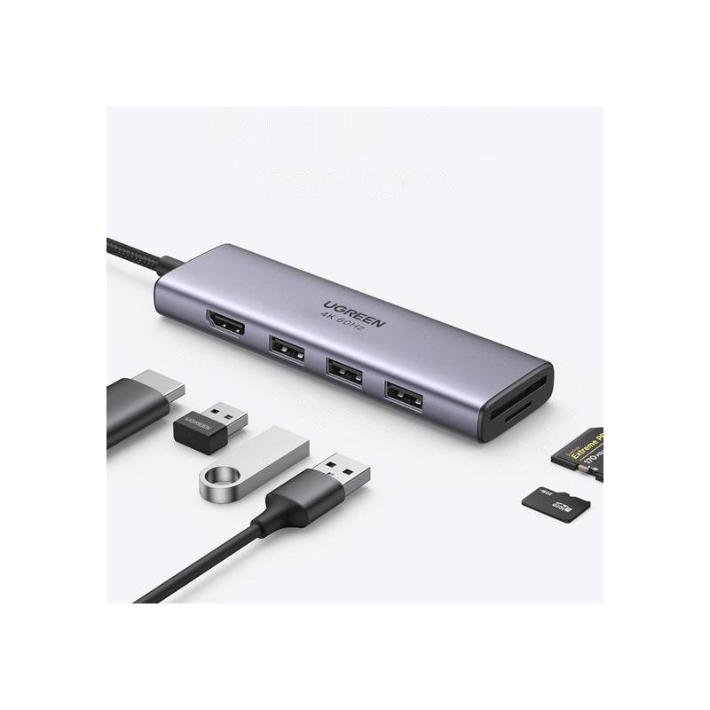 6 viename daugiafunkcis USB-C HUB – 3x USB HDMI 4K SD ir TF kortelių skaitytuvas pilkas