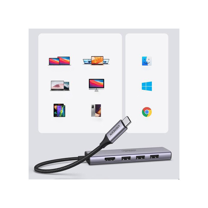 6 viename daugiafunkcis USB-C HUB – 3x USB HDMI 4K SD ir TF kortelių skaitytuvas pilkas