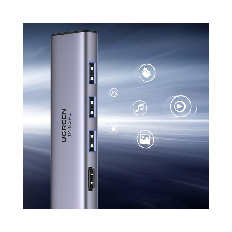 6 viename daugiafunkcis USB-C HUB – 3x USB HDMI 4K SD ir TF kortelių skaitytuvas pilkas