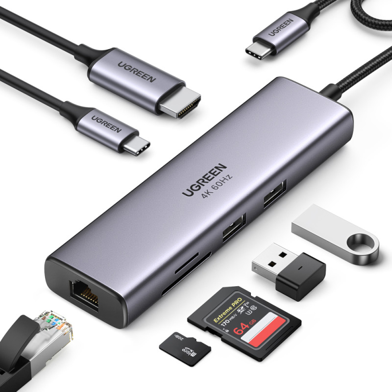 7 viename daugiafunkcis USB-C HUB – 2x USB HDMI 4K SD ir TF kortelių skaitytuvas USB-C RJ45 1Gbps pilka