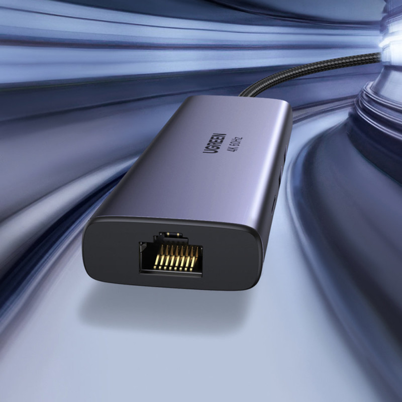 7 viename daugiafunkcis USB-C HUB – 2x USB HDMI 4K SD ir TF kortelių skaitytuvas USB-C RJ45 1Gbps pilka