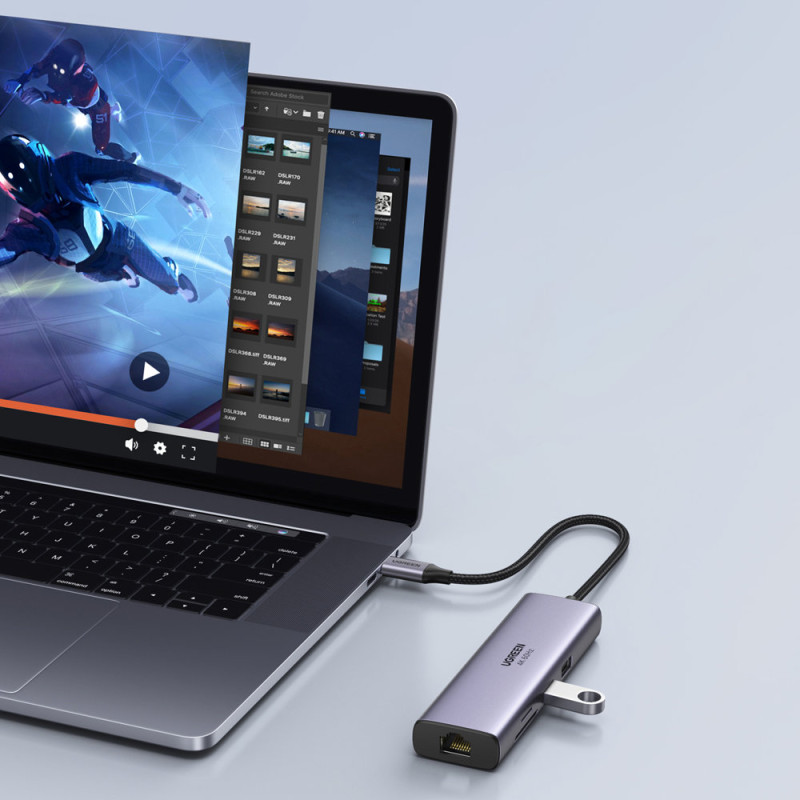 7 viename daugiafunkcis USB-C HUB – 2x USB HDMI 4K SD ir TF kortelių skaitytuvas USB-C RJ45 1Gbps pilka