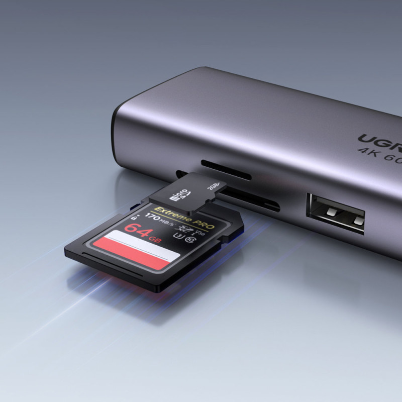 7 viename daugiafunkcis USB-C HUB – 2x USB HDMI 4K SD ir TF kortelių skaitytuvas USB-C RJ45 1Gbps pilka