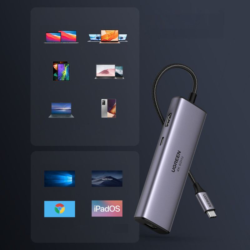 7 viename daugiafunkcis USB-C HUB – 2x USB HDMI 4K SD ir TF kortelių skaitytuvas USB-C RJ45 1Gbps pilka