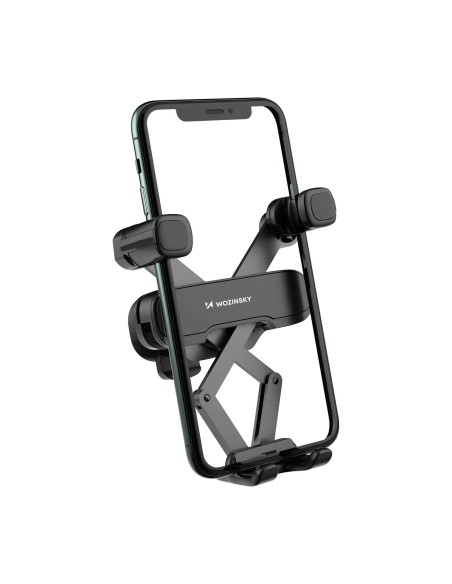 Juodas gravitacinis telefono laikiklis grotelėms automobilyje