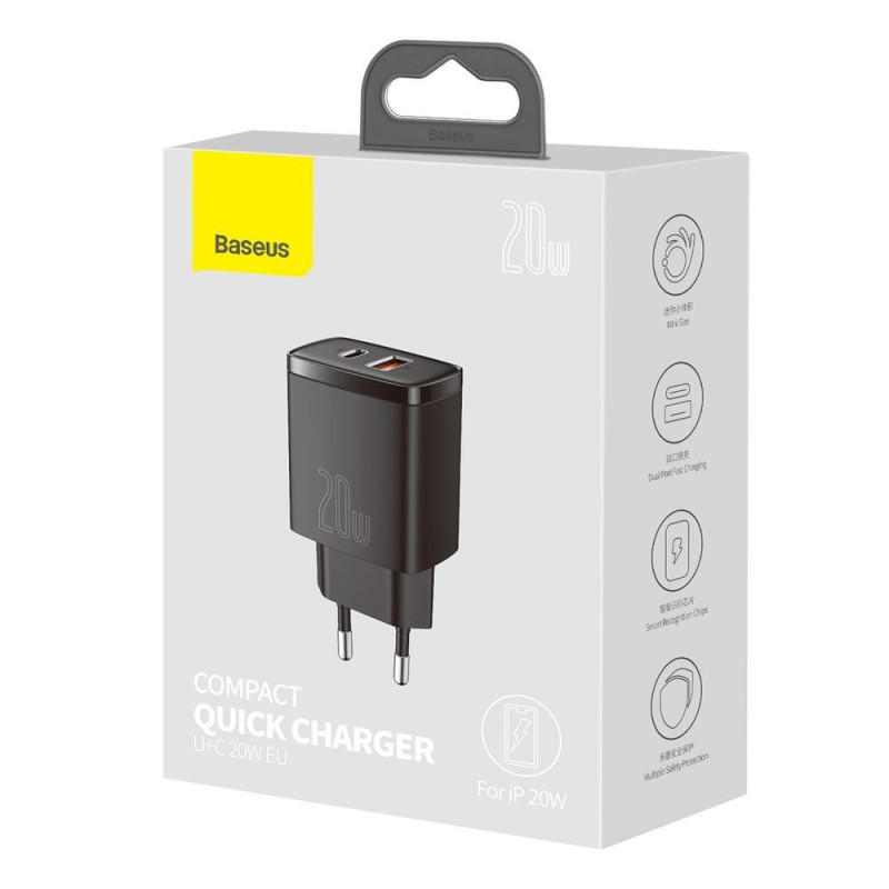 Kompaktiškas USB greitas įkroviklis USB-C 20W 3A PD QC 3.0 juodas