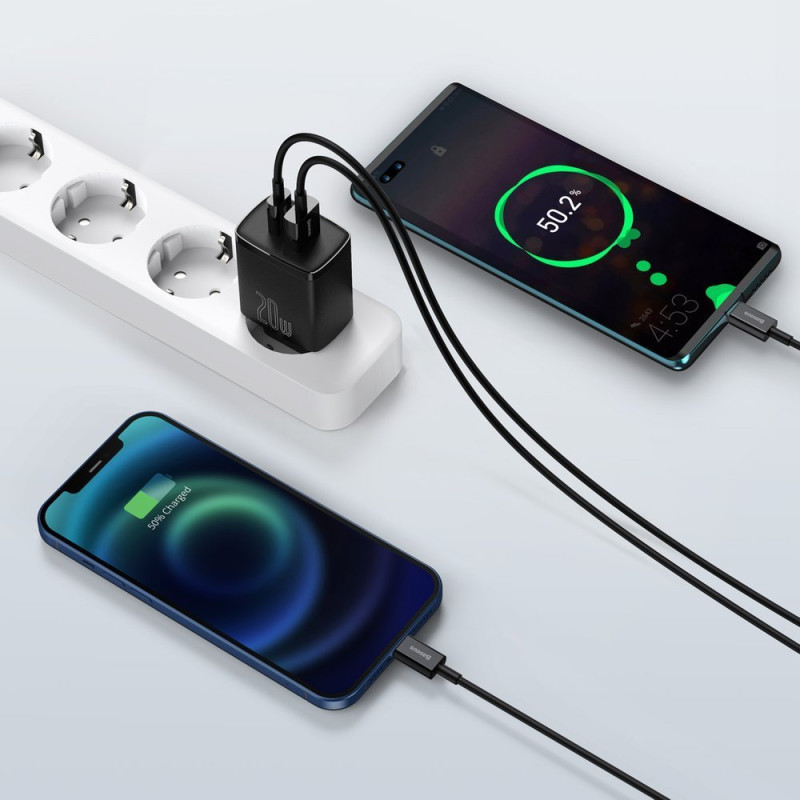 Kompaktiškas USB greitas įkroviklis USB-C 20W 3A PD QC 3.0 juodas