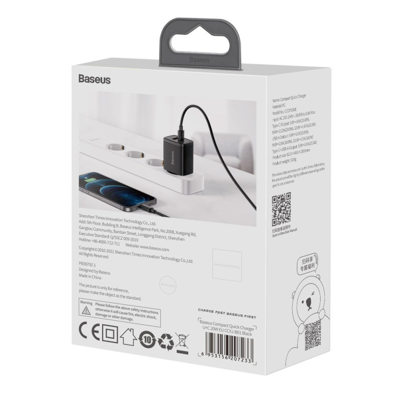 Kompaktiškas USB greitas įkroviklis USB-C 20W 3A PD QC 3.0 juodas