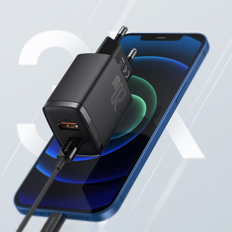 Kompaktiškas USB greitas įkroviklis USB-C 20W 3A PD QC 3.0 juodas