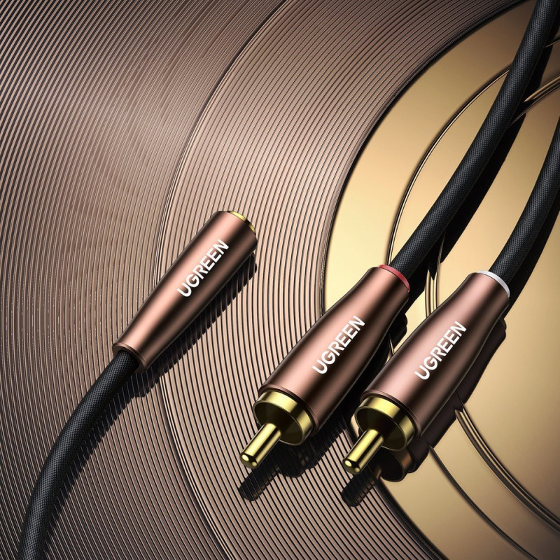 Adapterio kabelio garso kabelis 3,5 mm mini lizdas - 2x RCA kištukas, 5 m ruda