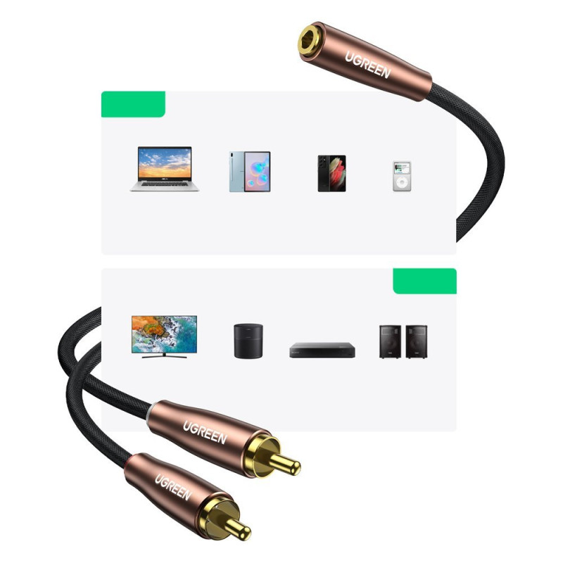 Adapterio kabelio garso kabelis 3,5 mm mini lizdas - 2x RCA kištukas, 5 m ruda