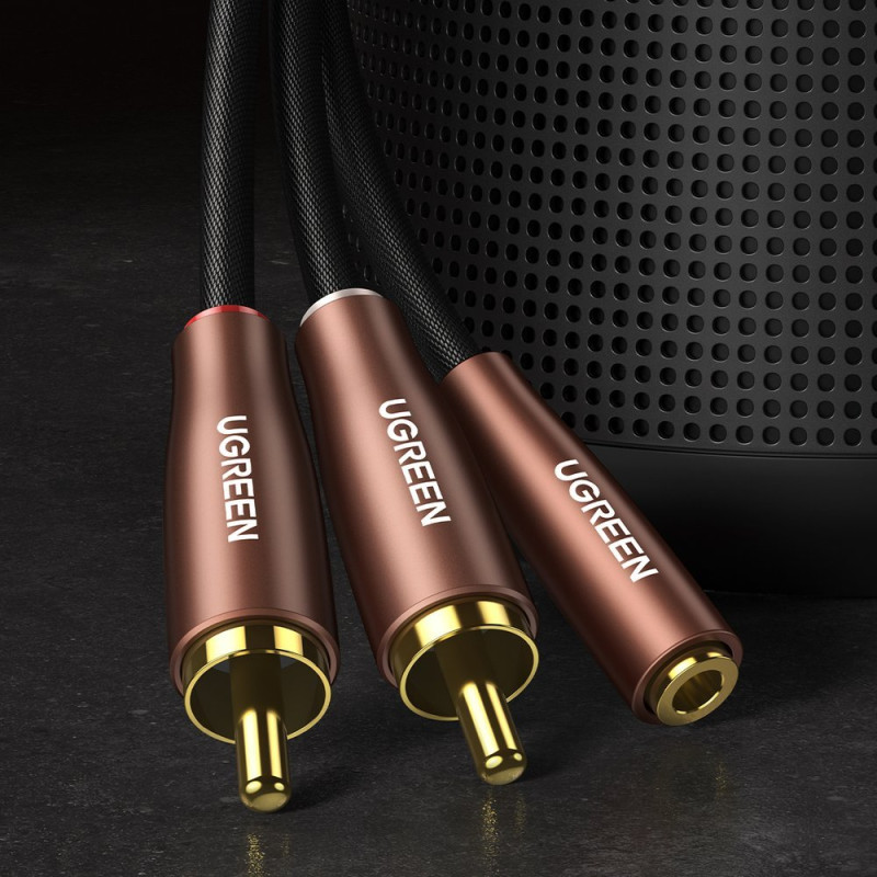 Adapterio kabelio garso kabelis 3,5 mm mini lizdas - 2x RCA kištukas, 5 m ruda