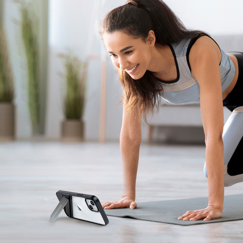 Tvirtas dėklas su gelio rėmeliu ir stovu iPhone 13, juodas