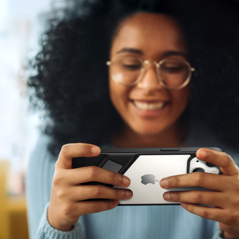 Tvirtas dėklas su gelio rėmeliu ir stovu iPhone 13 Pro, juodas