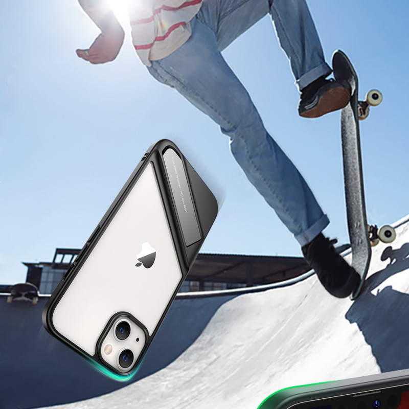 Tvirtas dėklas su gelio rėmeliu ir stovu iPhone 13 Pro, juodas