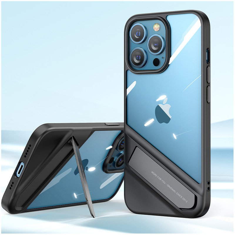 Tvirtas dėklas su gelio rėmeliu ir stovu iPhone 13 Pro, juodas