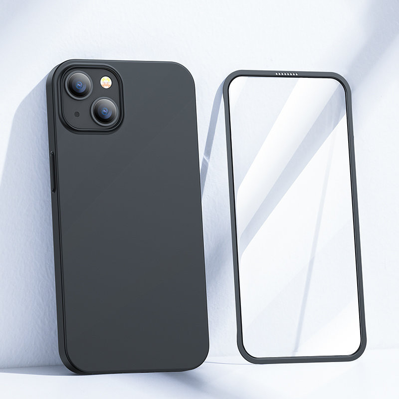 Dėklo dangtelis iPhone 13, galinis ir priekinis korpusas + grūdintas stiklas, juodas