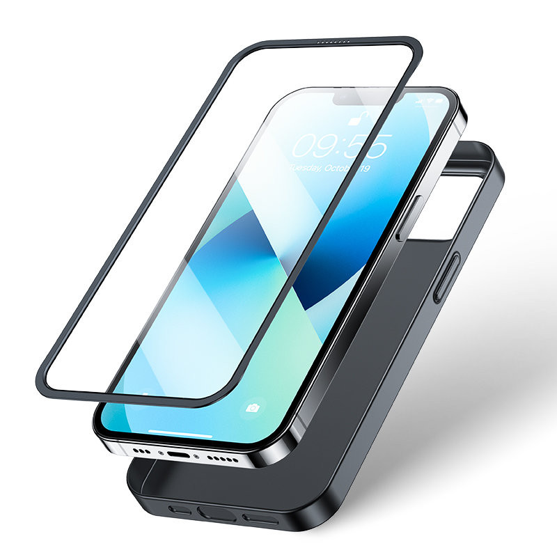 Dėklo dangtelis iPhone 13, galinis ir priekinis korpusas + grūdintas stiklas, juodas