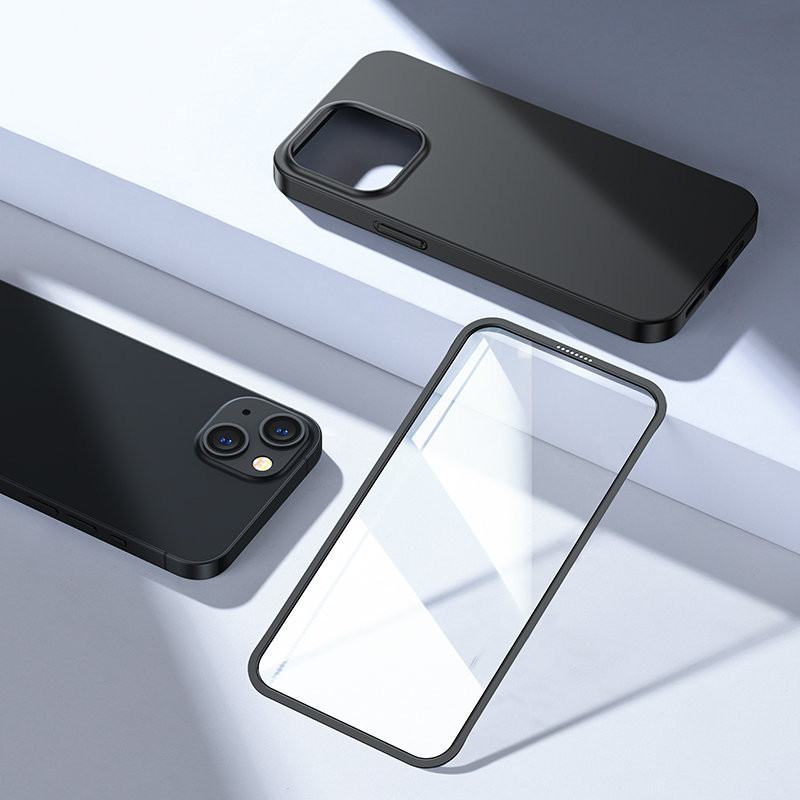 Dėklo dangtelis iPhone 13, galinis ir priekinis korpusas + grūdintas stiklas, juodas