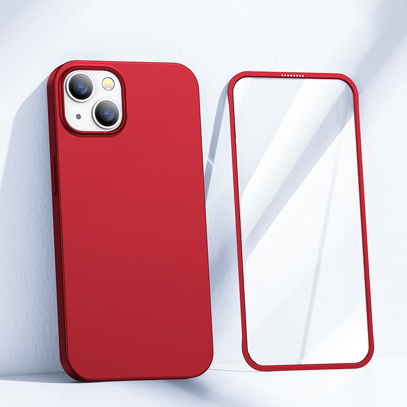 Dėklo dangtelis iPhone 13, galinis ir priekinis korpusas + grūdintas stiklas, raudonas