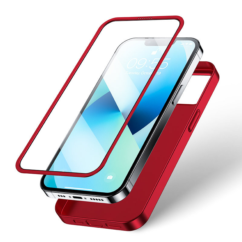 Dėklo dangtelis iPhone 13, galinis ir priekinis korpusas + grūdintas stiklas, raudonas