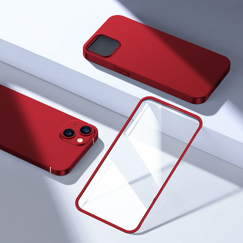 Dėklo dangtelis iPhone 13, galinis ir priekinis korpusas + grūdintas stiklas, raudonas