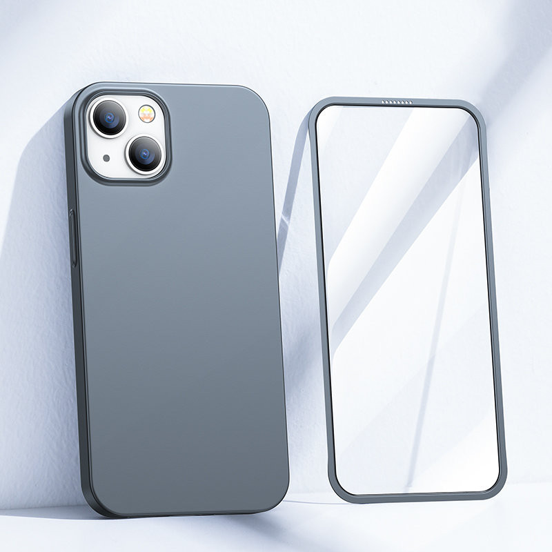 Dėklas iPhone 13, galinis ir priekinis dangtelis + grūdintas stiklas, pilkas