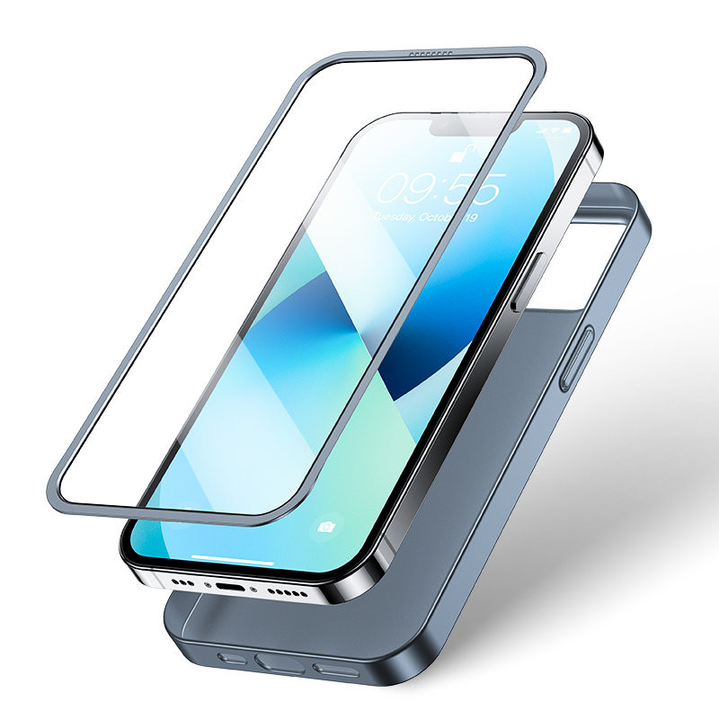 Dėklas iPhone 13, galinis ir priekinis dangtelis + grūdintas stiklas, pilkas