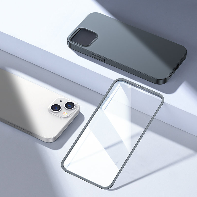 Dėklas iPhone 13, galinis ir priekinis dangtelis + grūdintas stiklas, pilkas