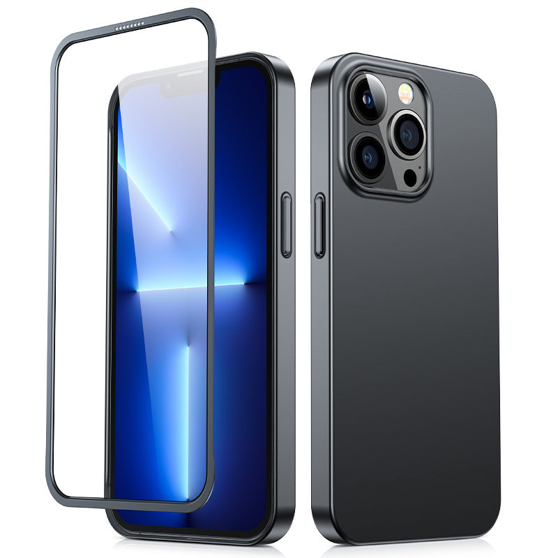 
Dėklo dangtelis skirtas iPhone 13 Pro Max, galinis ir priekinis dangtelis + grūdintas stiklas, juodas
